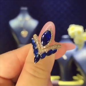 Golden V-Design Marquise Blue Engagement Ring