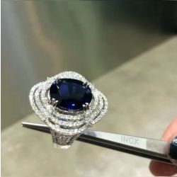 Double Prong Triple Row Oval Blue Engagement Ring