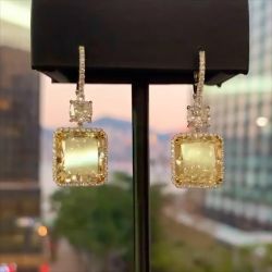 Double Two Tone Yellow Cushion Cut Drop Earrings