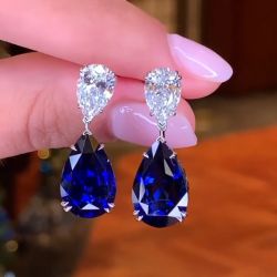 Blue Double Prong Pear Cut Drop Earrings