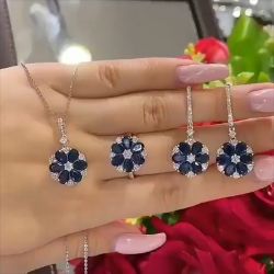 Flower Design Oval Earrings & Necklace & Ring Set